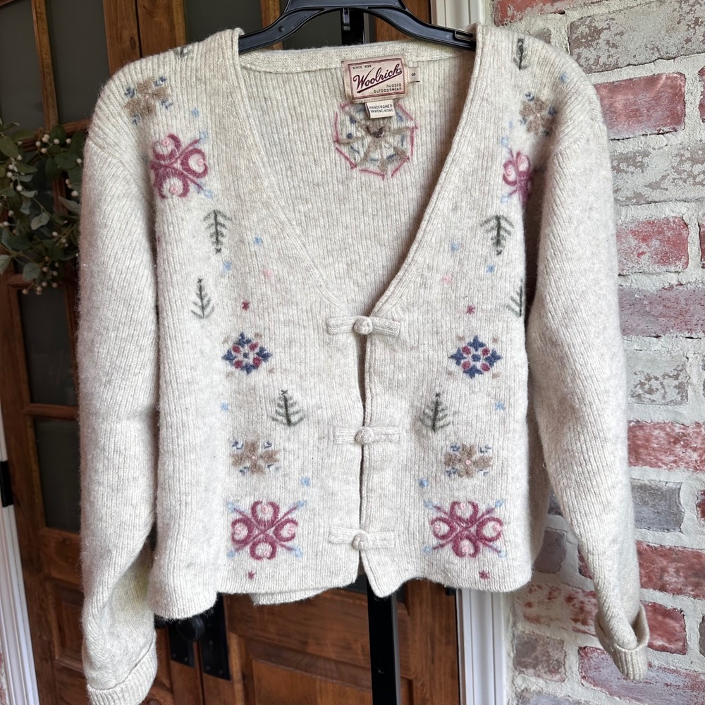 Woolrich Cardigan Sweater Women Cream Floral Embroidered Grandmacore Crop Small